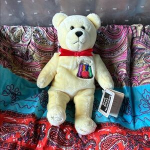 Yellow Plush Teddy Bear with Red Bow and School Patch - Unbranded